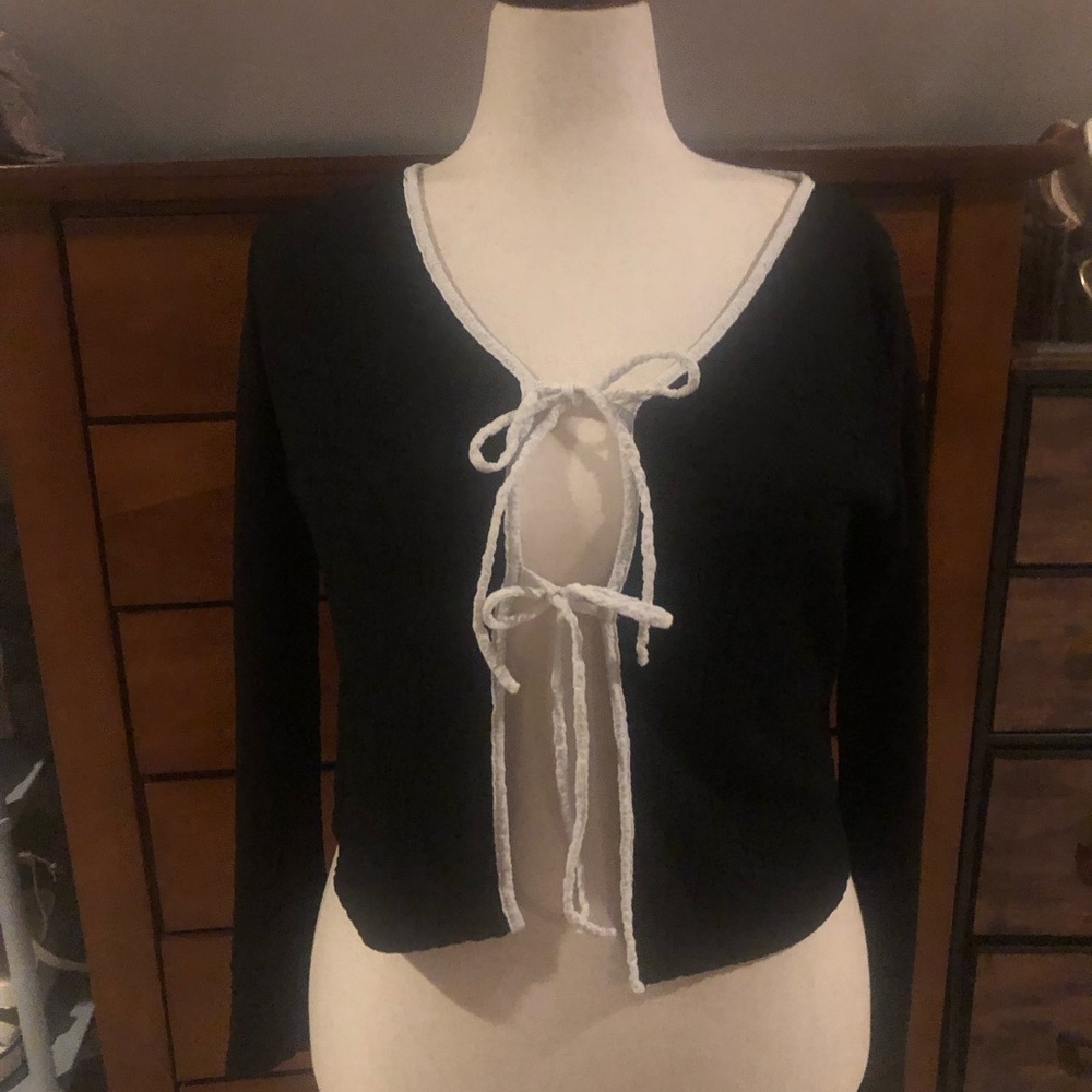 See You Monday Black Cardigan with White Tie Trim